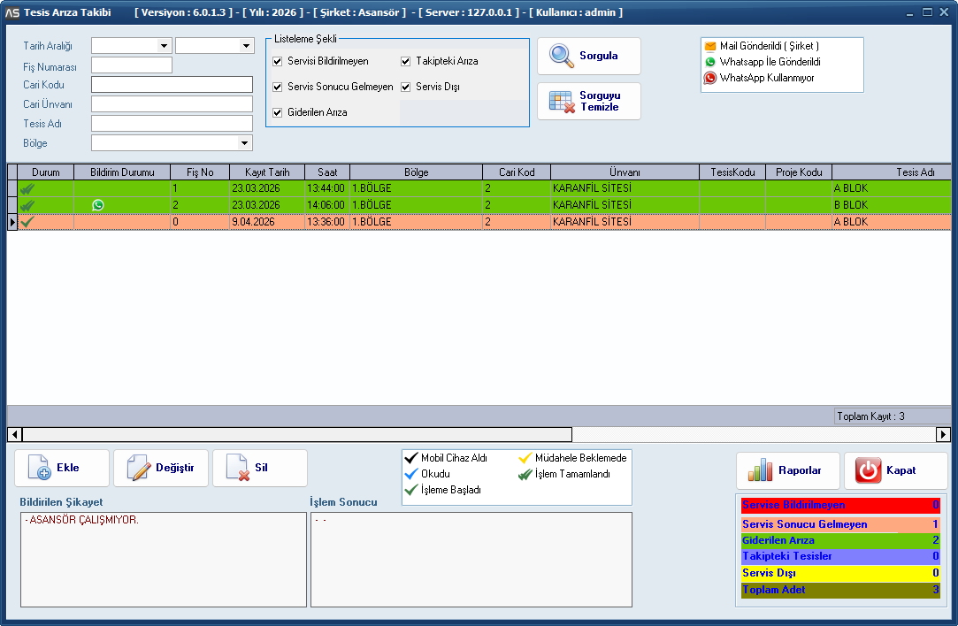 Arıza Takip Ekranı - AsHizmet Asans&ouml;r Arıza ve Bakım Takip Programı
