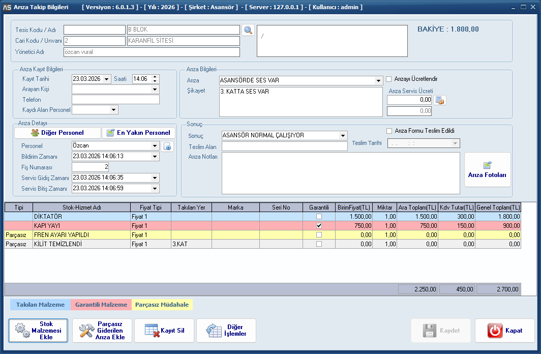 Arıza Kayıt ve D&uuml;zenleme - AsHizmet Asans&ouml;r Arıza ve Bakım Takip Programı