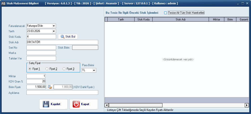 Arıza Stok Ekleme - AsHizmet Asans&ouml;r Arıza ve Bakım Takip Programı