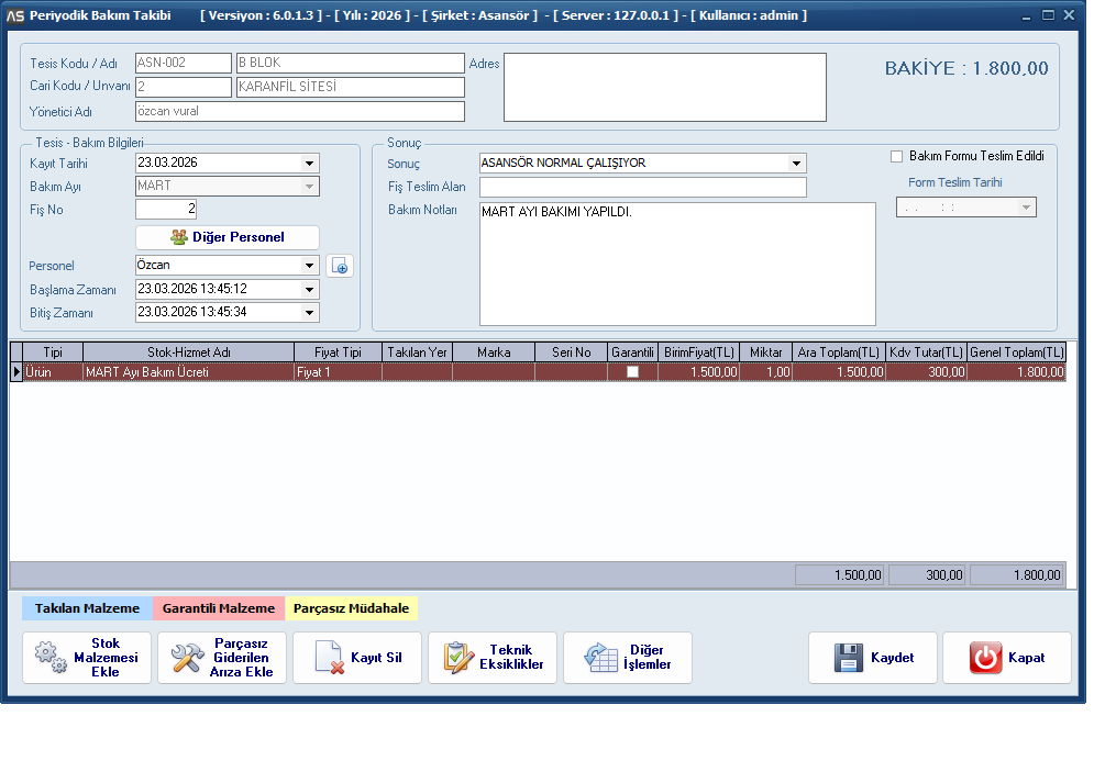 Bakım Kayıt ve D&uuml;zenleme - AsHizmet Asans&ouml;r Arıza ve Bakım Takip Programı