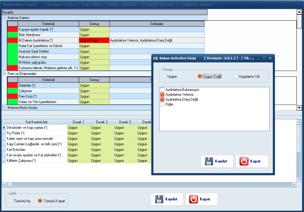 Bakım İ&ccedil;in Bakım Kriter Kayıt D&uuml;zenleme - AsHizmet Asans&ouml;r Arıza ve Bakım Takip Programı