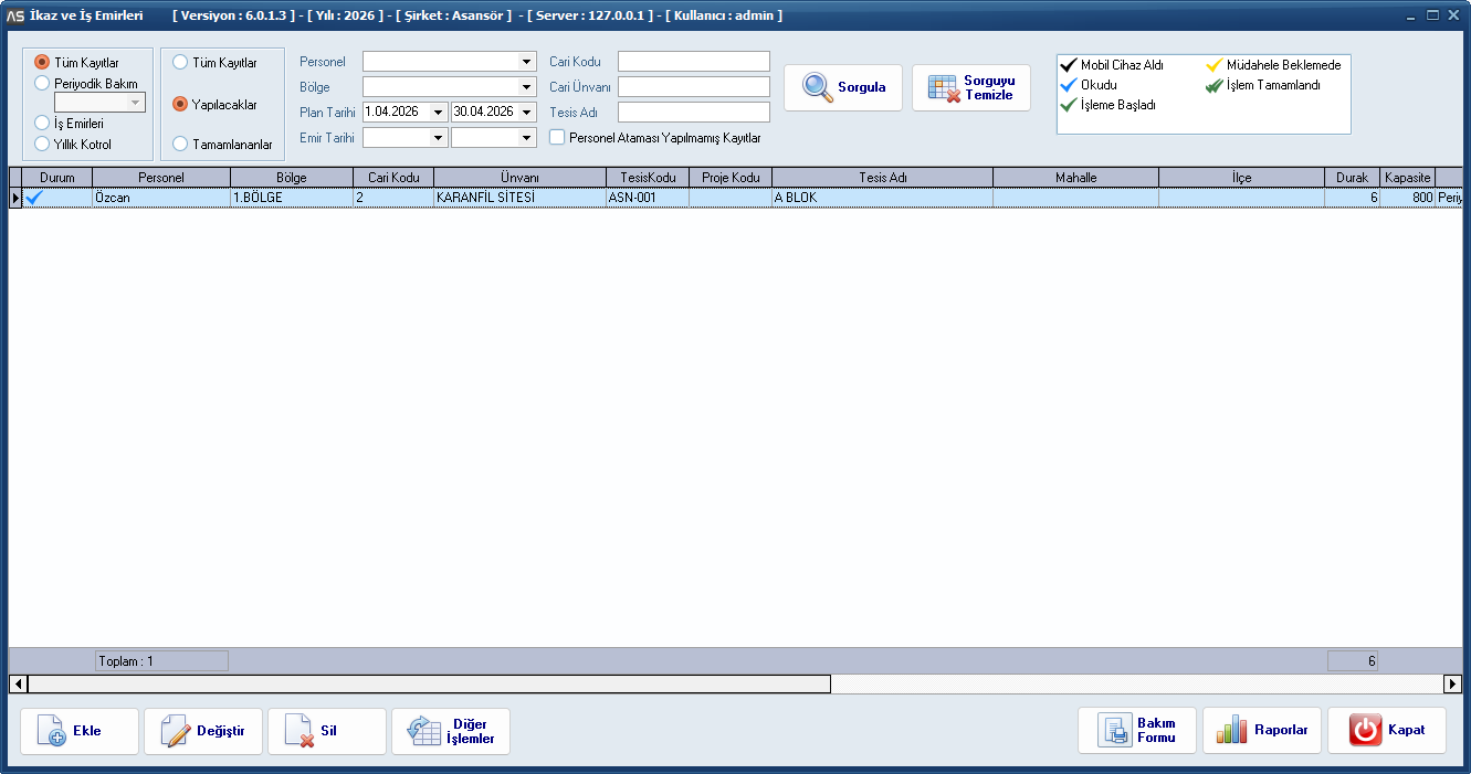 Bakım Planlama Ekranı - AsHizmet Asans&ouml;r Arıza ve Bakım Takip Programı
