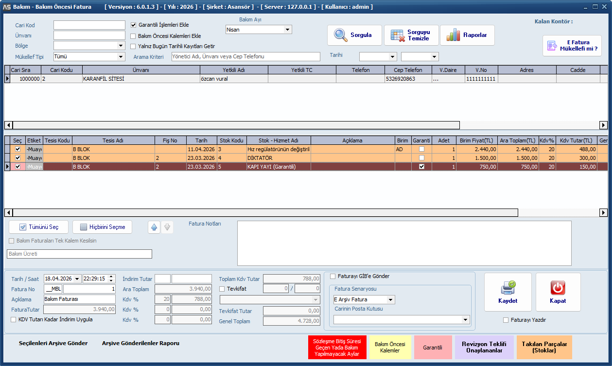 Fatura Ekranı - AsHizmet Asans&ouml;r Arıza ve Bakım Takip Programı