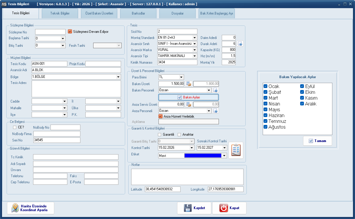 Tesis Genel Bilgileri - AsHizmet Asans&ouml;r Arıza ve Bakım Takip Programı