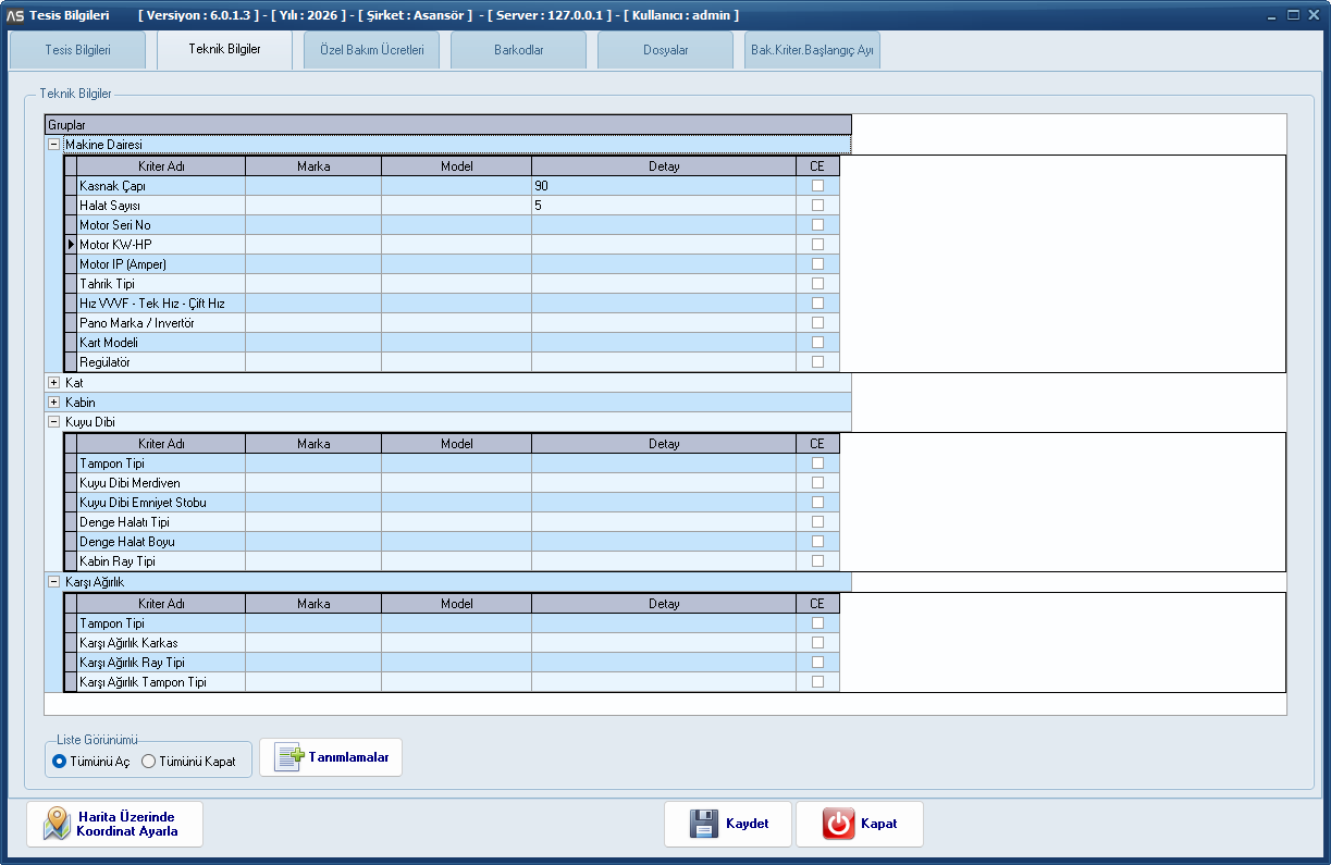 Tesis Teknik Bilgileri - AsHizmet Asans&ouml;r Arıza ve Bakım Takip Programı