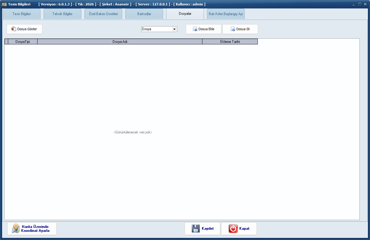 Tesis Dosya Ekleme - AsHizmet Asans&ouml;r Arıza ve Bakım Takip Programı